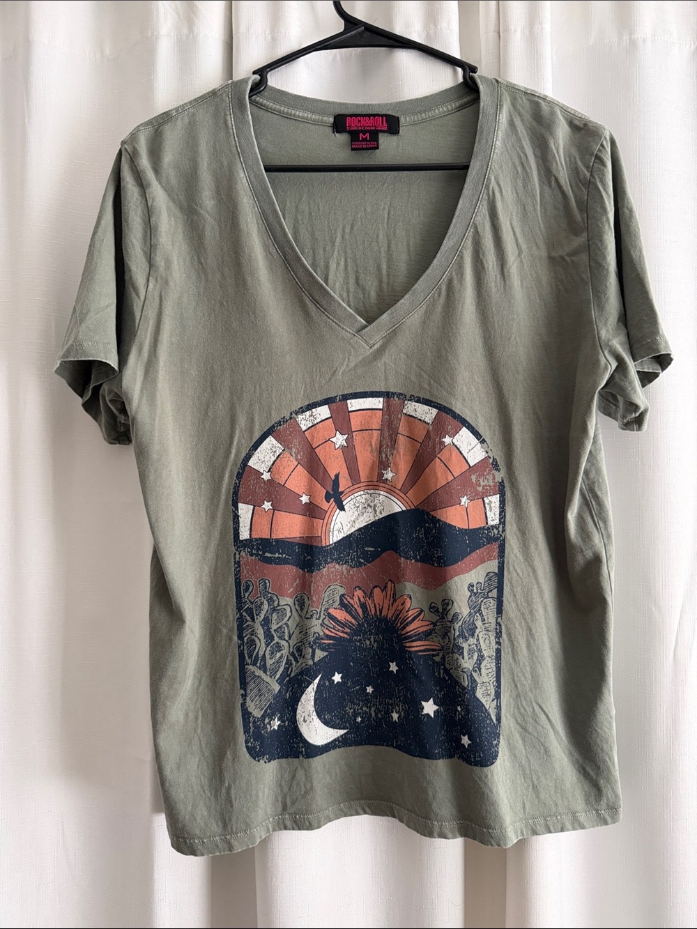 Rock & Roll Denim Olive V-Neck Short Sleeve Tee with Sunset Graphic